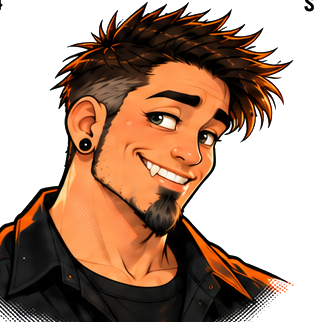 Prez, illustrated: dark hair, goatee, black work shirt