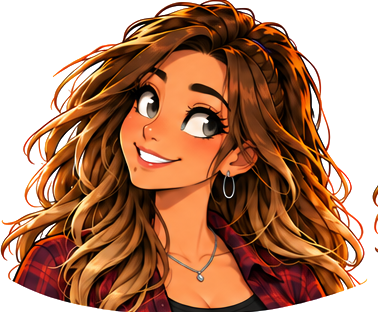 Reya, illustrated: long wavy hair, red plaid shirt